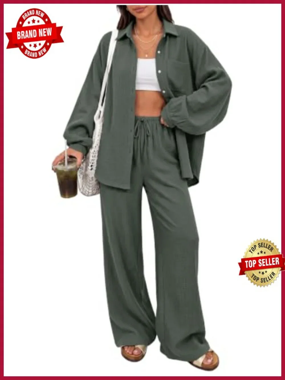 2 Piece Linen-feel Cotton Lounge Set Oversized Wide Leg Pants Pocket Travel